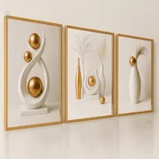 Quadros Decorativos Modernos Trio Geométrico Dourado Branco Premium Sala Quarto