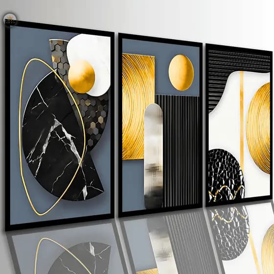 Quadros Decorativos Abstratos Moderno Geométrico Luxo Preto Dourado Branco Sala