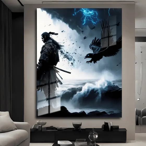Quadro Decorativo Samurai Sombrio e Corvo Arte Japonesa para Sala e Quarto