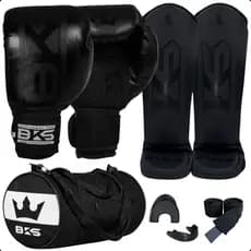 Kit Luva de Boxe Completo para Iniciantes - BKS Boxing - Muay Thai Kickboxing com Caneleira Bandagem Bucal e Bolsa