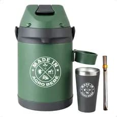 Kit Terere 3x1 Chacal Garrafa Térmica 2,5 Litros Suporte Copo Térmico 200ml Bicolor Verde Agro
