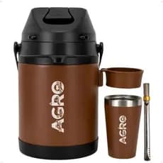 Kit Terere Chacal Garrafa Térmica Inox 2,5 L Suporte Copo Térmico 200ml Bomba Chacal Marrom Agro