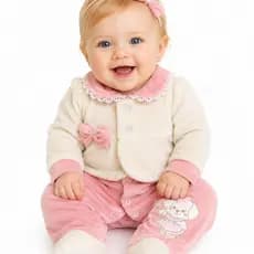 Macacão Bebê Menina Luxo Peluciado em Plush Rosa com Lacinhos - M.Baby