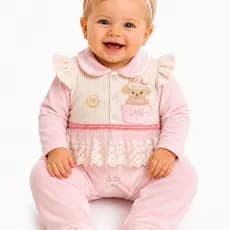 Macacão Bebê Menina Luxo Ursinha em Plush Peluciado e Babado Rosa - M.Baby