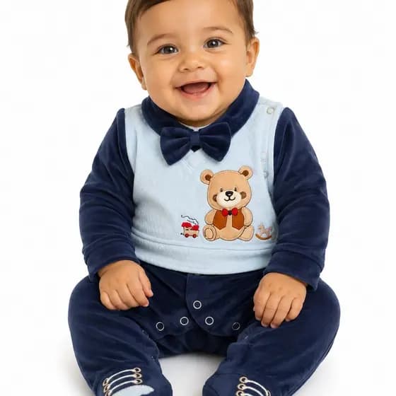 Macacão Bebê Menino Luxo Ursinho em Plush Azul Marinho com Gravata - M.Baby