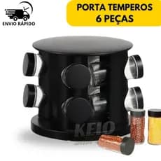 Porta Temperos Condimentos Giratório 6 Potes Vidro com Tampa Dosadora Preto