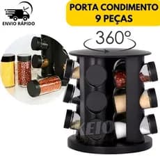 Porta Condimentos Temperos Giratório 9 Potes Vidro com Tampa Dosadora Preto