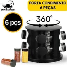 Porta Condimentos Temperos Giratório 6 Potes Vidro com Tampa Dosadora Preto