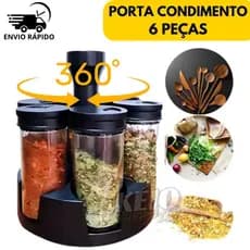 Porta Condimentos Temperos Giratório 6 Potes Vidro com Tampa Dosadora Preto Carrosel
