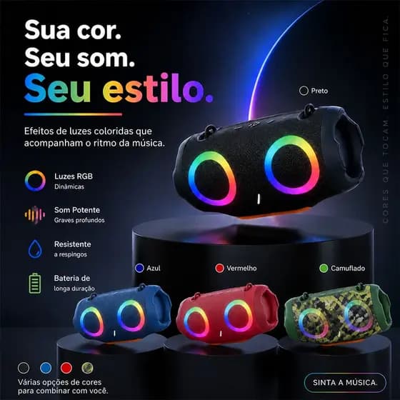 Caixa De Som Bluetooth Portátil Luz RGB | TWS Surround 3D Suporta Pen Drive Cartão TF