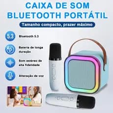 Caixa de Som Bluetooth Multifuncional com Microfones | Karaokê Infantil Portátil Luz Colorida
