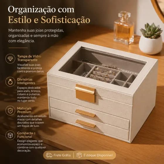 Grande Caixa De Joias Luxuosa De 3 Camadas Com Janela De Vidro-Estojo Organizador De Couro E Veludo
