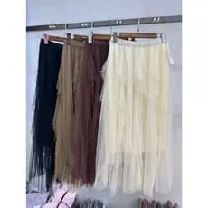 Qooth Feminino Frisado Pétala Comprimento Médio Babados Malha Saias Plissadas Elegante Cintura Elástica Fada A Linha Lon