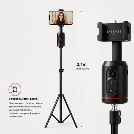 Tripé Suporte para Celular Inteligente 2,1m Rotação 360° com Rastreamento Facial iPhone Android