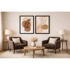 Kit 2 Quadros Folhagem Abstrata Tons Terrosos Bege Nude Decor Sala de Estar Moderna