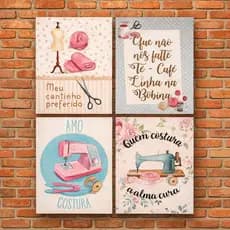 Quadros Decorativos Costura – Ateliê, Máquina de Costura, Frases – Kit 4 Peças