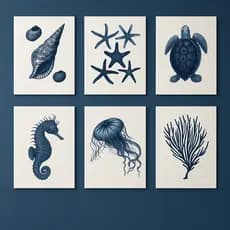 Quadros Decorativos Animais Marinhos Azul  Kit 6 Peças  Conchas, Cavalo-Marinho Tartaruga, Água-Viva casa  praia