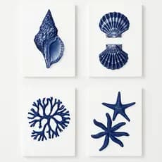 Conjunto 4 Quadros Marinhos Azul e Branco – Conchas, Estrela-do-Mar e Coral – Estilo Praia, Náutico, Sala ou Banheiro