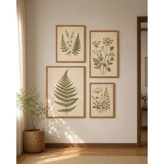 Kit Quadros Decorativos Sala Quarto Botânicos Vintage Folhagens Verde Tons Naturais