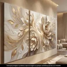 Kit Quadro Decorativo Sala Quarto Floral Bege Dourado Elegante Luxo