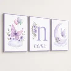 Kit Quadros Decorativos Quarto Infantil Menina Lua Lilás Delicado Personalizado Nome