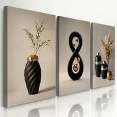 Kit Quadro Decorativo Sala Quarto Vasos Preto Dourado Folhagem Moderno Luxo