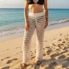 Calça Feminina Saída de Praia Tricô Crochê Moda Verão Praia Piscina 2026 Passeio Ajuste na Cintura