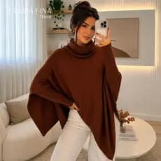 Poncho Blusa Feminina Tricot Gola Inverno Casual Casaco Manga Longa Blogueira 2026