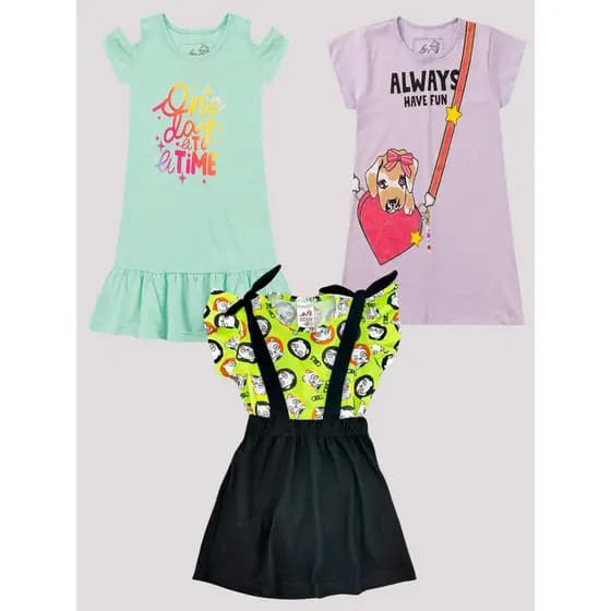 Kit 3 Peças Infantil Menina – 2 Vestidos + 1 Salopete Saia | Moda Verão Confortável 1 a 12 Anos