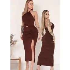 Vestido Longo Feminino, Elegante com Abertura na Perna, Chic, Casual, corrente Dourado