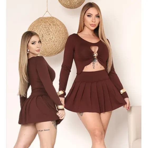 Conjunto, Look Feminino Tendência Premium Cropped Manga Longa + Short Saia, Moda Insta, Casual Chic