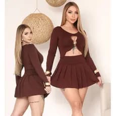Conjunto, Look Feminino Tendência Premium Cropped Manga Longa + Short Saia, Moda Insta, Casual Chic