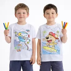 Camisa de Colorir Pinta e Lave Infantil Menino Masculino + 6 Canetinhas Promoção