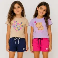 Conjunto Infantil Menina Feminino Verão - Blusa Algodão e Short Moletinho Capivara, Labubu, Cachorro