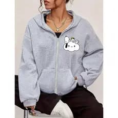 Moletom de ziper com capuz e bolso, Estampado de Nuvem e Pássaro de Desenho Animado