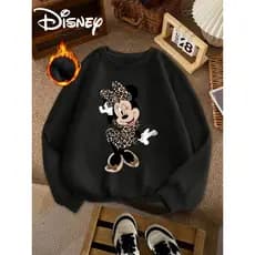 Blusa de Inverno Feminina Confortável Minnie Mouse Estampa Leopardo - Gola Redonda Manga Longa