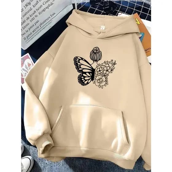 Moletom Canguru Unissex Girl Butterfly Flores Blusa De Frio Modelo Estiloso e Confortável