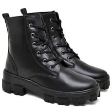 Coturno Feminino Bota Tratorada Confortável Preta E Café Com Cadarço