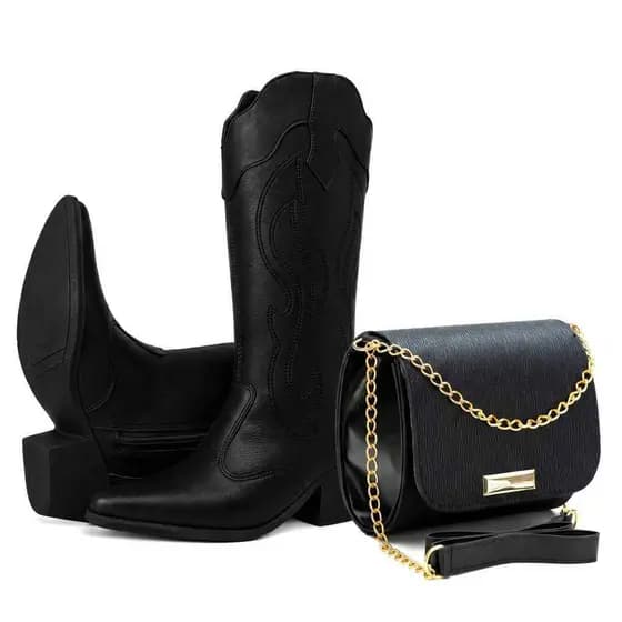 Bota Texana Feminina Cano Médio Country Salto Grosso Confortável Moda+ 1 Bolsa Elegance Anjike