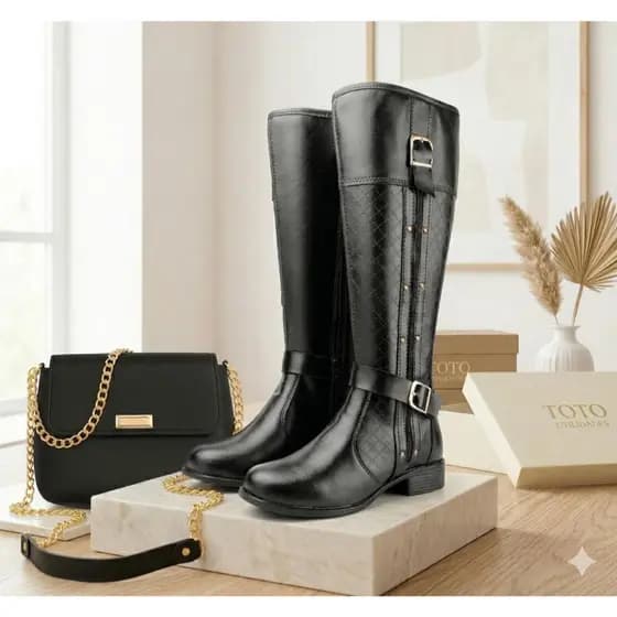 Kit Bota Cano Alto + Bolsa com Corrente Dourada Sofisticação que Encanta