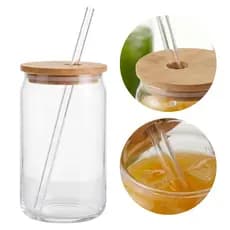 Copo de Vidro 570ml com Tampa Bambu e Canudo Drink Bebida