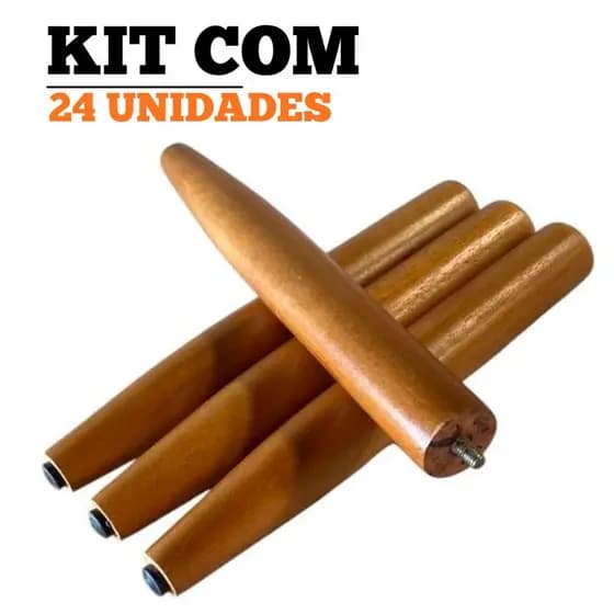 Kit 24 Pé Palito 30cm Madeira para Puff Poltrona com Sapata Antirrisco e Rosca Fácil Instalação