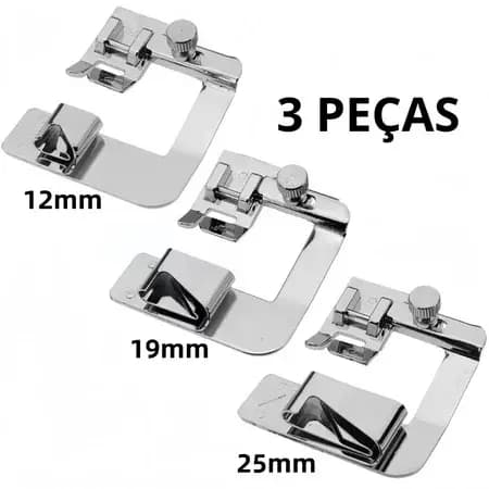03 Sapatas Calcador Bainha E Barra 10mm 19mm 25mm universal Maquinas Doméstica manual maquina costura bainhador