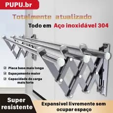 Varal Sanfonado Parede Aço inoxidável Retrátil Grande Compacto Alta resistência