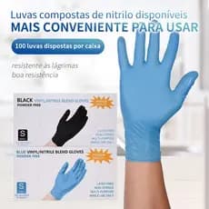 Luva Nitrílica Preta Descartável Sem Pó 100 Unidades para uso Profissional