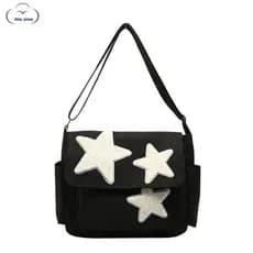 Bolsa Mensageiro Para Mulheres Com Design De Estrela , Fofa Ajustável Bolsos Laterais De Ombro Zíper , Preta