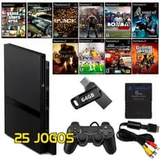 Console Playstation 2 Slim + 1 Controle + 25 Jogos + Pendrive 64GB + Memory Card + Cabos