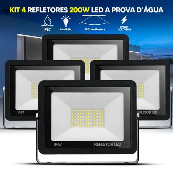 Kit 4 Refletores LED 200W Holofote Slim Bivolt IP67 Branco Frio 6500K Alta Potência à Prova D'Água