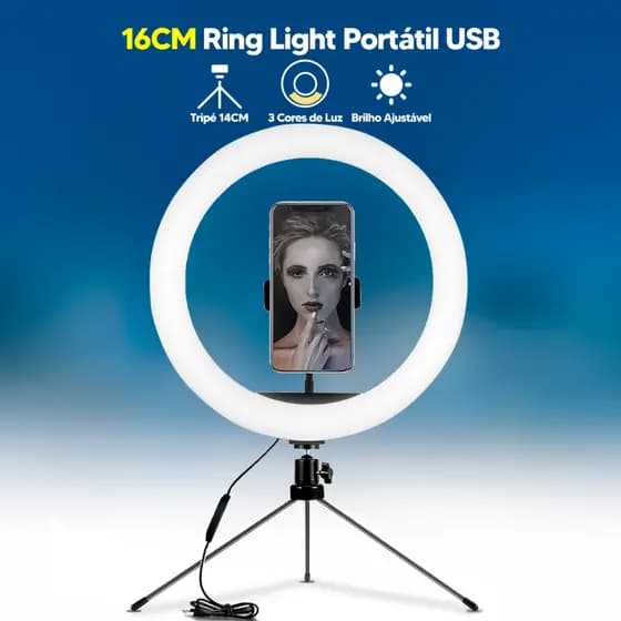 Anel Ring Light 16cm com Tripé de Mesa, Suporte para Celular e Conexão USB