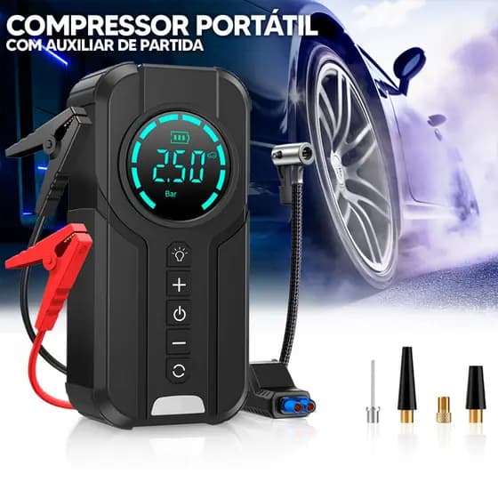 Bomba de Ar Portátil Inteligente Auxiliar de Partida função 4 em 1 PowerBank com Bateria Integrada